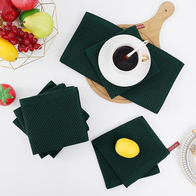 Homaxy 100% Cotton Waffle Weave Kitchen Dish Cloths, Ultra Soft Absorbent Quick Drying Dish Towels, 12 x 12 Inches, 12-Pack, Blackish Green