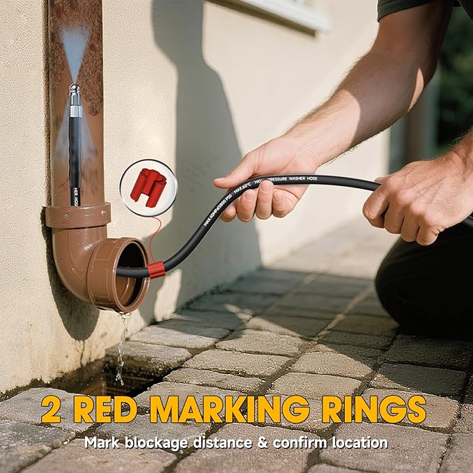 Sewer Jetter Kit for Pressure Washer 200FT, Drain Cleaner Hose 5800PSI 1/4 Inch NPT Corner with Sewer Cleaning Tool High Pressure Nozzle and Spanner Waterproof Tape