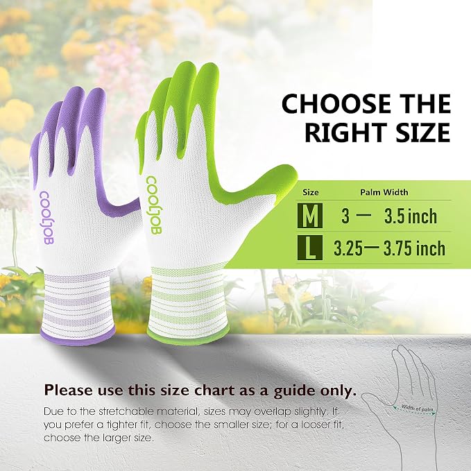 COOLJOB 2 Pairs Gardening Gloves for Women Ladies, Breathable Rubber Coated for Yard Garden, Outdoor Indoor Protective Work, Large, Lavender Purple & Apple Green
