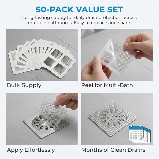 50 PCS Disposable Shower Drain Hair Catcher Stickers, Adhesive Mesh Trap | Self-Adhesive Mesh Traps Hair, Lint and Debris While Water Flows, Peel, Stick and Toss, for Flat Tub, Sink, Laundry Drains