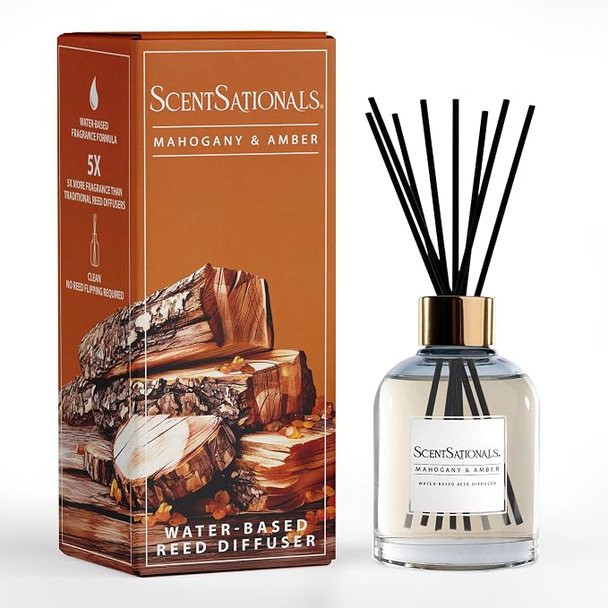 ScentSationals Mahogany & Amber Water-Based Reed Diffuser - 5 FL OZ | Mahogany, Amber, & Palo Santo - Warm and Woodsy Scented Home Fragrance