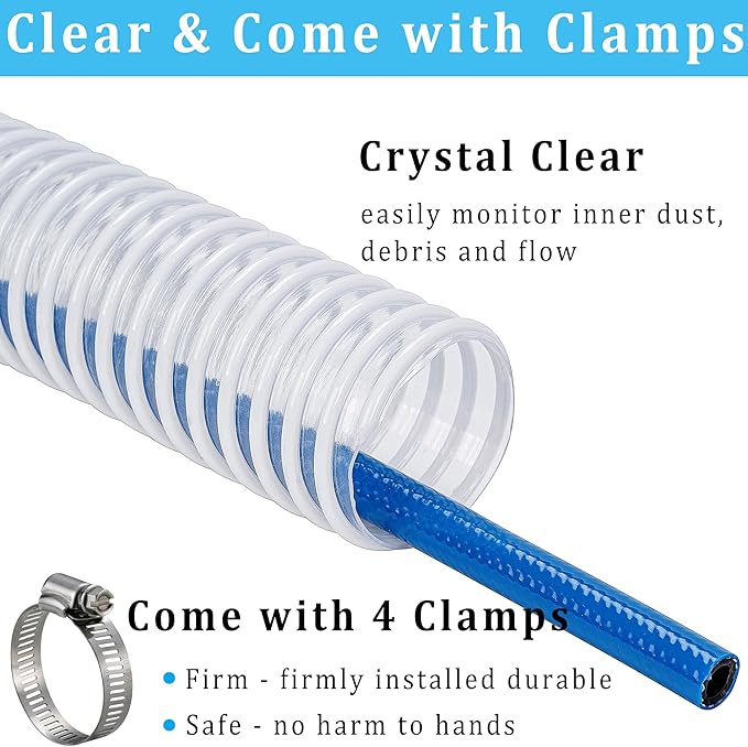 Dust Collection Hose 2 in × 20 ft Heavy Duty Clear Flexible PVC Reinforced Thicken Helix Suction Discharge Corrugated Pipe Hose for Fume Dust Collector Fitting Wood Chip Saw