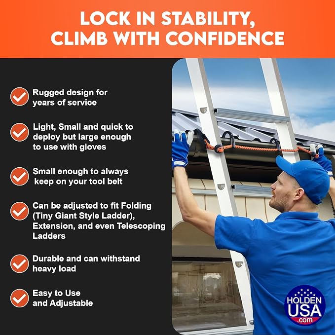 Holden USA - Adjust-A-Hook Ladder Bungee - Ladder Stabilizer Hook – Secure Ladder Safety Support for Roofs, Gutters, and Painting Prep – Durable Ladder Hook Attachment for Roofing and Gutter Work