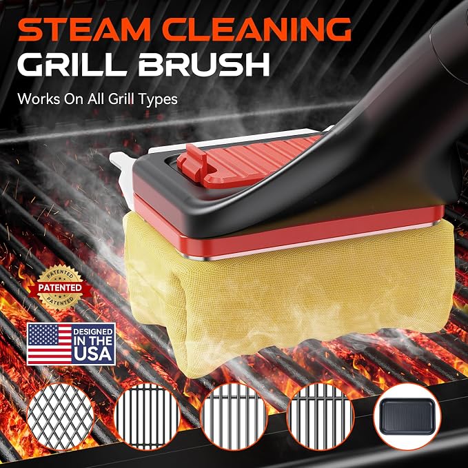 Grill Brush Bristle-Free Steam Cleaning, Long Handle BBQ Brush Replaceable Head with Grill Scraper, Barbecue Grill Cleaner for All Grill Types (2 Pack Cleaning Head)