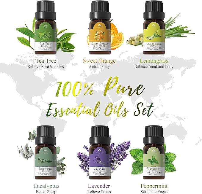 ASAKUKI Oil Diffuser with Essential Oils Set, 500ml Aromatherapy Humidifier | with 14 LED Colors & Auto Shut-Off - 6 Oil Gift Pack(Lavender Eucalyptus Tea Tree Orange Peppermint Lemongrass)