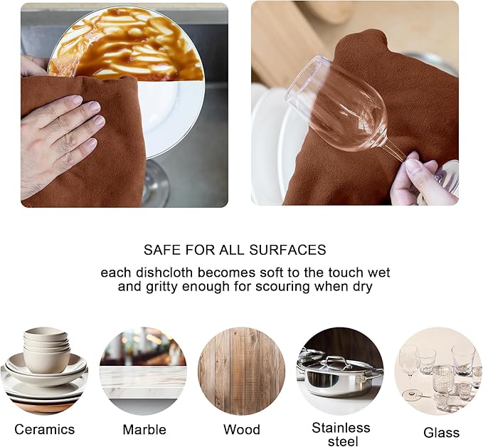 kimteny 13x28 Inches Kitchen Cloth Dish Towels, 400 GSM Premium Dishcloths, Super Absorbent Coral Velvet Microfiber Cleaning Cloths, Fast Drying Rags for Washing Dishes (12 Pack, Brown)