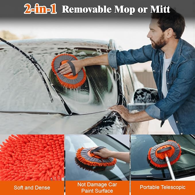 12FT Car Wash Brush with Long Handle, RV Wash Brush with Soft Chenille Microfiber Mop, Mitt and Windows Squeegee, Extendable Cleaning Kit for Truck, Boat or House Siding Ceiling, 5Pack