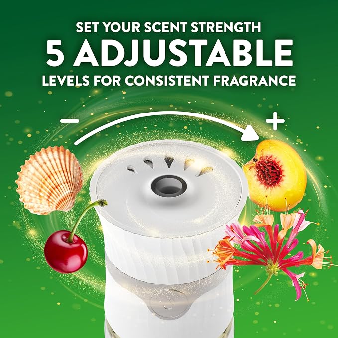 Air Wick Plug-In Scented Oil Refills, 4 Count Multipack, Lush Honeysuckle, Calming Sea Spray, Paradise Retreats, and Sweet Peach, Air Freshener, Essential Oils