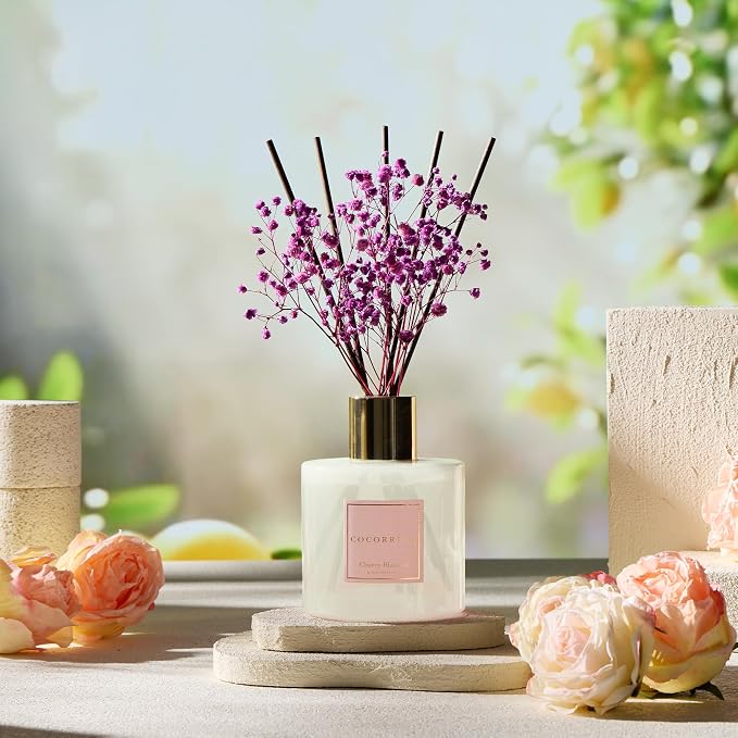 Reed Diffuser - Cherry Blossom 17 Fl.oz Reed Diffuser with 8 Sticks Scented Diffuser with Preserved Flowers for Bathroom Home Decor