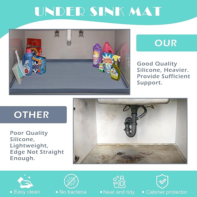 URMONA Waterproof Silicone Under Sink Mat 16'' x 10'' Shelf Liner for Kitchen and Bathroom, Cabinet and Counter Protector, Storage and Organizers, Litter Mat, Pet Cat Puppy Essentials(Black)