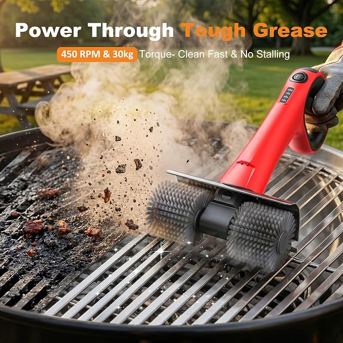 Electric Grill Brush for Outdoor Grill, Cordless BBQ Grill Cleaner with Dual Rotating Heads, 450 RPM Motorized Grill Cleaning Brush with Forward & Reverse, 6-Piece Replaceable Brush Set