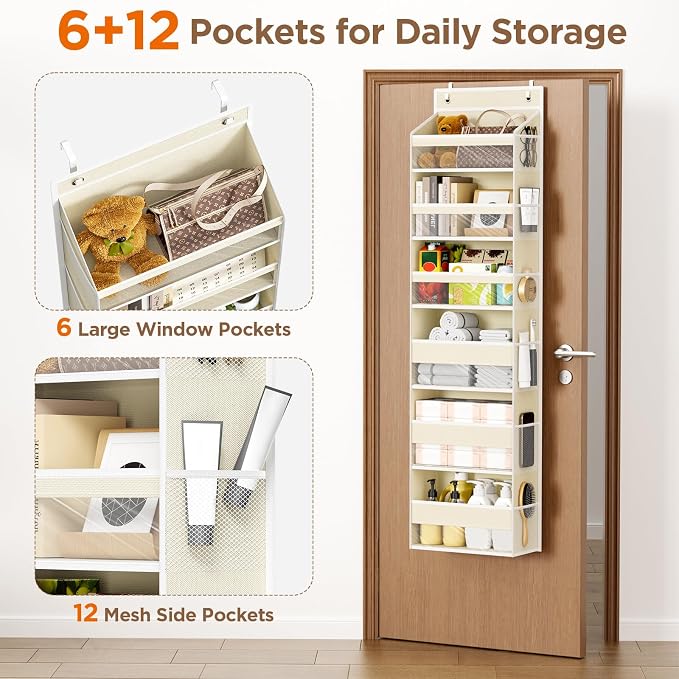 6 Tiers Over The Door Organizer, Behind The Door Storage Hanging Shelves | Heavy Duty Hanging Organizer Storage with Large Capacity Pockets for Closet Wall Bathroom Bedroom Nursery Pantry, 1 Beige