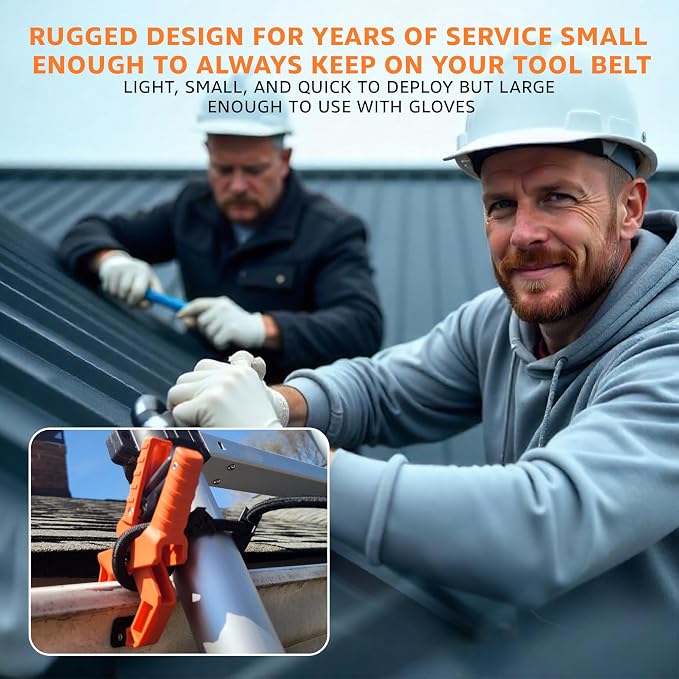 Holden USA - Ladder Clamp - Stabilizer Clip – Secure Safety Clamp for Roof, Gutters, and Wall Prep – Durable Support Cord for Roofing and Gutter Tasks (Pair / 2 Units) Mini Orange