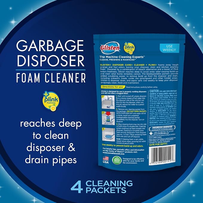 Glisten Garbage Disposal Cleaner and Odor Eliminator with Foaming Action, Removes Buildup and Cleans, Lemon Scent - 4 Uses, 2 Pack