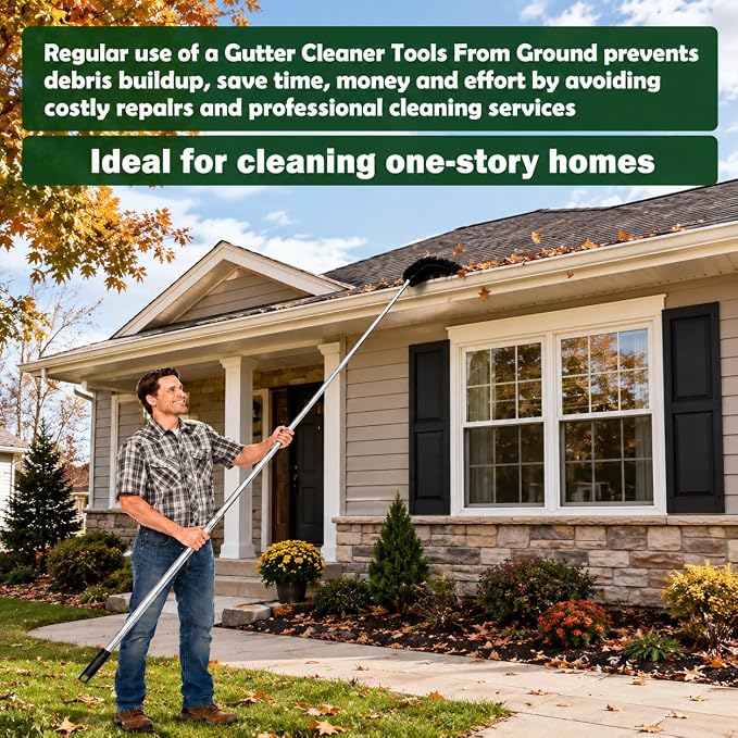 Premium 10.5 ft Gutter Cleaning Tools From The Ground Adjustable Gutter Cleaning with Pole No Ladder Needed Long Reach with Replaceable Brush Removal Leaves Trash From Roof Gutters