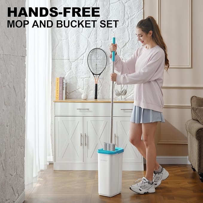 Mop and Bucket Set, Mops for Floor Cleaning Turquoise-Cyan, 60" Long Handle Wall Mop, Squeeze Flat Mop and Bucket System, Dry & Wet Dust Mop for Household Cleaning with 2 Microfiber Mops