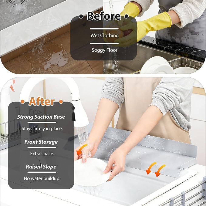 Full-Coverage Sink Splash Guard – 22.8 Inch Extra-High Ramp with Super Strong Suction Cups, Silicone Sink Splash Guard with Front-Edge Storage for Kitchen (Grey, 22.8''x4''x2.8'')