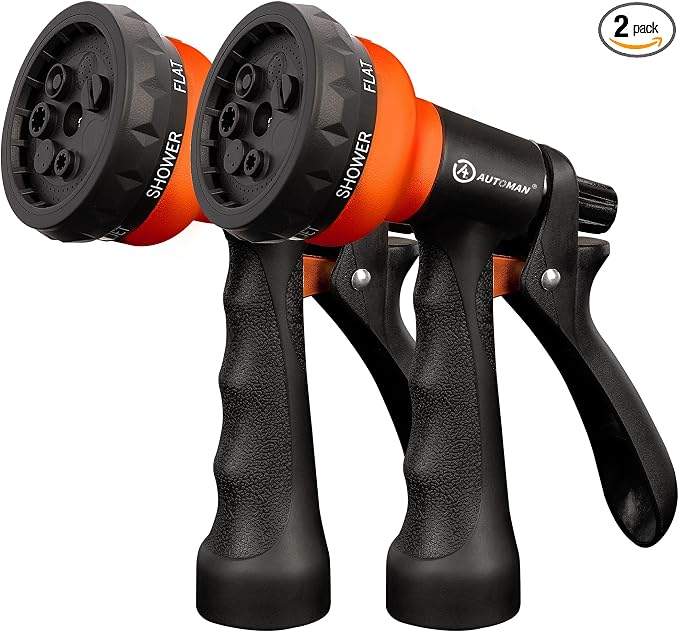AUTOMAN-Garden-Hose-Nozzle, 2 Pack ABS Water Spray Nozzle with Heavy Duty 7 Adjustable Watering Patterns,Slip Resistant for Watering Plants,Lawn& Garden,Washing Cars,Cleaning, Orange