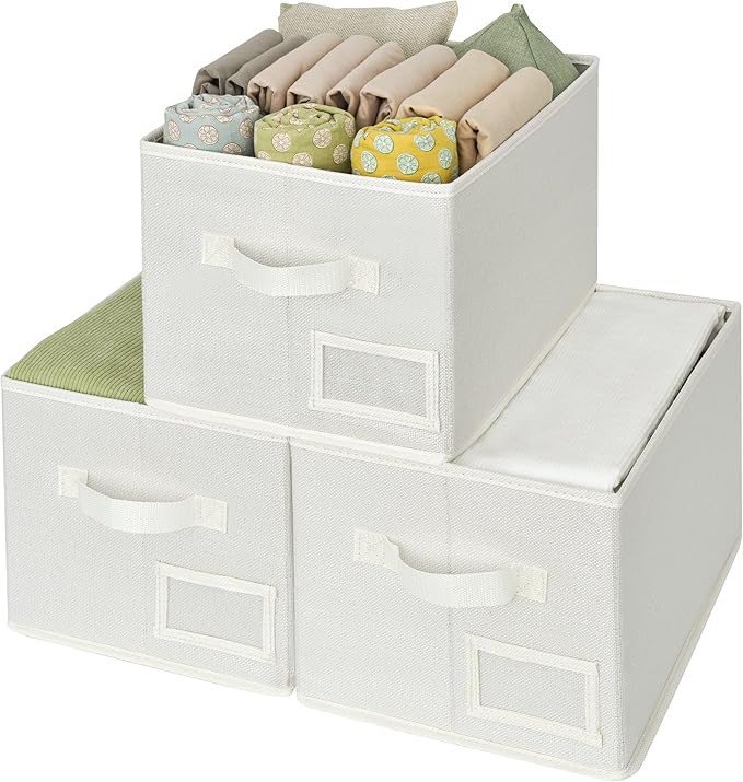 GRANNY SAYS Closet Organizer Bins with Label Holder, Fabric Storage Baskets, Foldable Storage Bins for Living Room, Decorative Storage Containers Organizing, Pearl White, 3-Pack