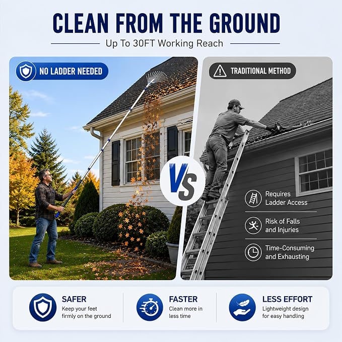24FT Telescoping Roof Rake, 30FT Reach Leaf Rake for Leaves & Pine Needles | Complete Kit With Gutter Cleaning Attachment, Adjustable Rake Head, Flexible Brush & Storage Bag.