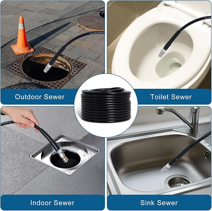 100FT Sewer Jetter Kit for Pressure Washer 5800PSI Drain Cleaner | 1/4" NPT Sewer Hose with 4 Jetting Nozzles, Handle Strap and Tools for Pressure Washer Drain Cleaning
