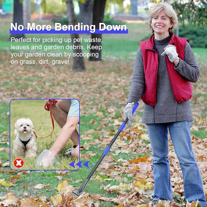 Pooper Scooper, Dog Pooper Scooper Tray and Rake Set with Adjustable Stainless Steel Long Handle for Large Medium Small Dogs (Blue)