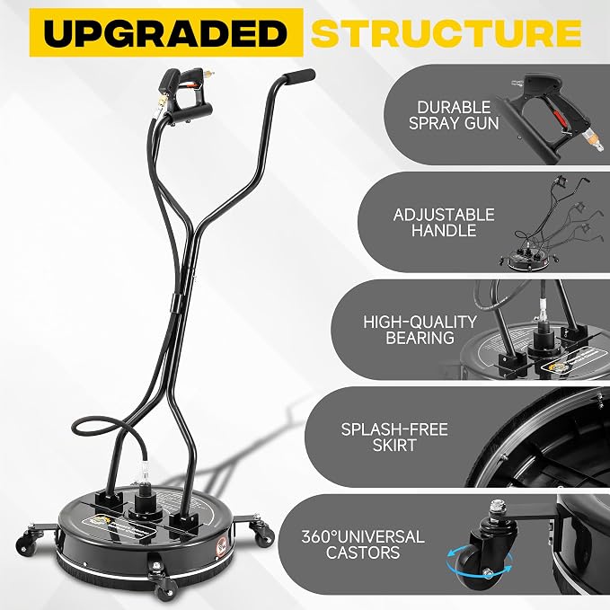 PWACCS 20" Pressure Washer Surface Cleaner with 4 Wheels and Dual Handle | Power Washer Driveway Attachment, For Concrete, Patio, Sidewalk, Deck, Black, 4500 PSI