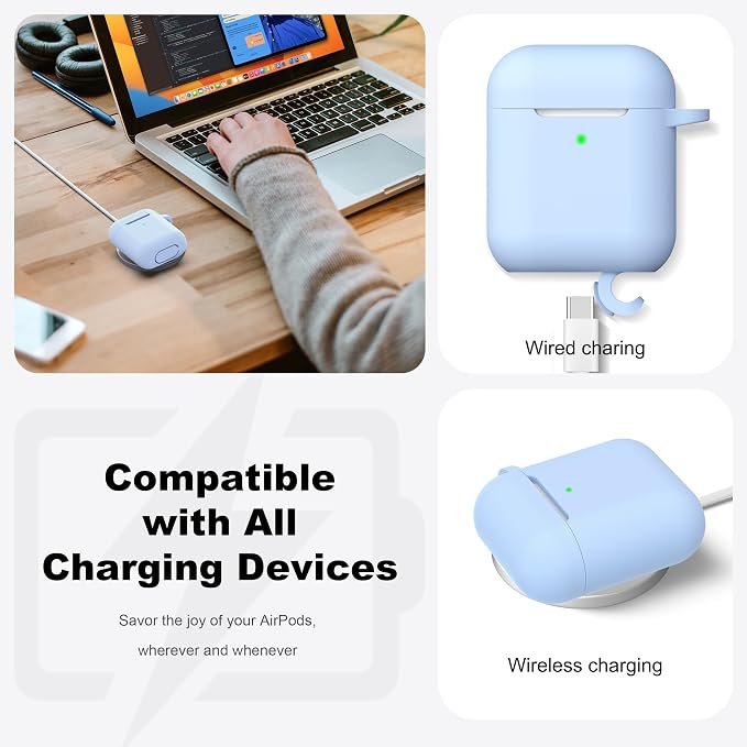 R-fun for AirPods 1/2 Case, Soft Silicone Protective Cover with Keychain and Cleaning Pen, Compatible with AirPods 2nd/1st Generation (2016/2019), Full Drop Protection Cover, Sky Blue