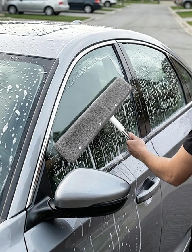 Floor Squeegee Broom with Long Handle, Heavy Duty Rubber Squeegee Kit, Scrubber for Tile Floor, Garage and Concrete, (Four Pieces of Fabric)