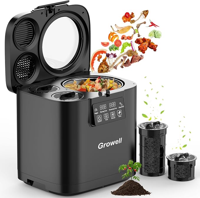 Growell 4L Electric Composter for Kitchen, Countertop, Indoor Compost Bin | Dual Carbon Filter, Auto-Clean, Long-Life Brushless Motor, LED Touch Panel, <40dB, Visible Window, Food Wast Recycler, Black