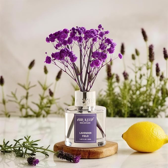 Reed Diffuser Set,1.69 fl oz (50 ml) - Lavender Field Oil Diffusers with 8 Reed Sticks,Home Fragrance Reed Diffuser for Bathroom Shelf Decor