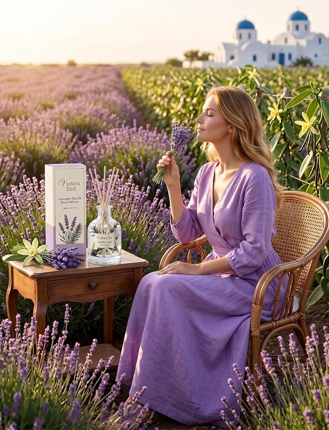 Lavender Vanilla Reed Diffuser, 3.4 Fl Oz | Long-lasting Air Fresheners for Bedroom, Bathroom, Living Room or Office; Gift-ready.