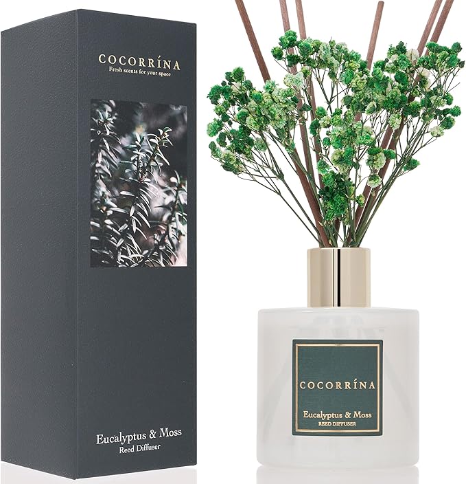 Reed Diffuser Sets- Eucalyptus & Moss Scented Diffuser with Sticks Home Fragrance Reed Diffuser for Bathroom Shelf Decor
