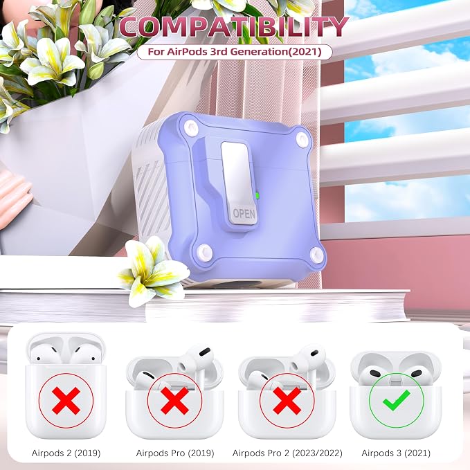for AirPods 3 Case Cover with Lock Magnetic Lid, White/Lavender | Compatible with Apple AirPods 3rd Generation (2019) Case with Cleaner Kit & Carabiner, Powerful Drop Protection