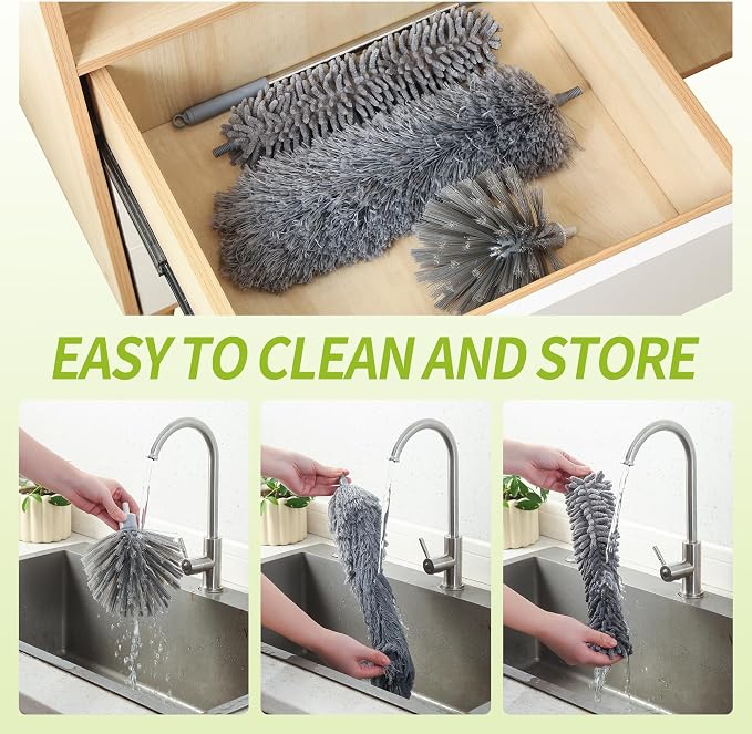 IVYROLL Cobweb Duster & 100'' Microfiber & Chenille Ceiling Cleaner Kit | Reusable Feather Duster with Extension Pole, Bendable, Washable