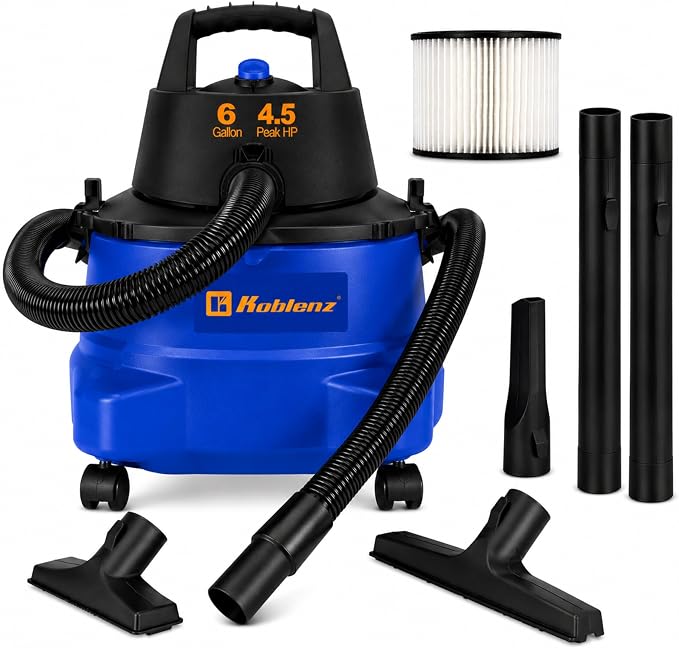 Koblenz WD-6 L212 Wet Dry Vacuum Cleaner, 6 Gallon | 3-in-1 Suction & Blower, 16 ft Reach, Big Cleaner for Car, Shop Vacuum Wet and Dry, Swivel Casters, Black/Blue