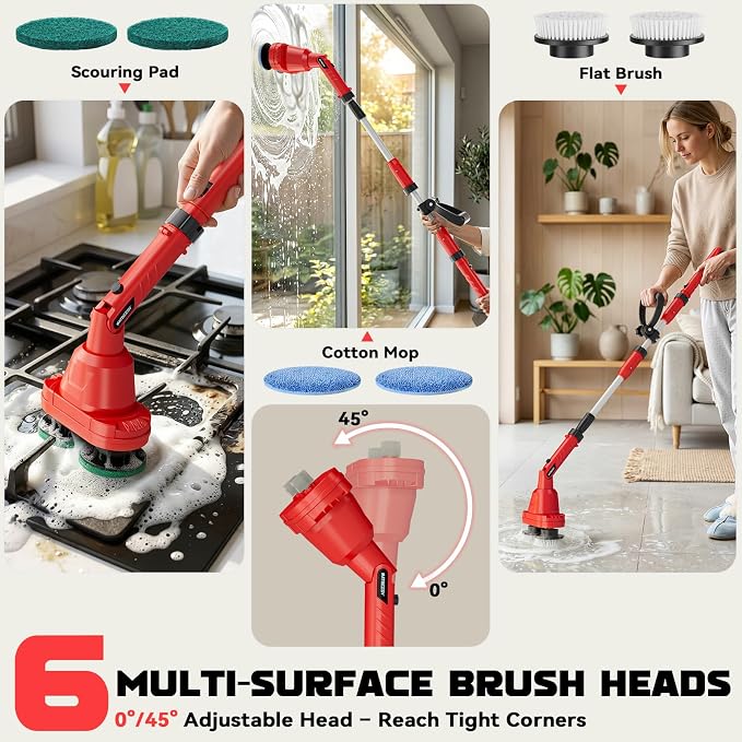 NATBEESY 2 in 1 Electric Spin Scrubber Compatible with Milwaukee 18V Battery (Tool Only), Dual Head Power Scrubber, 680/1200 RPM, 45° Adjustable Head, Extendable Handle for Tile, Tub, Floor & Bathroom