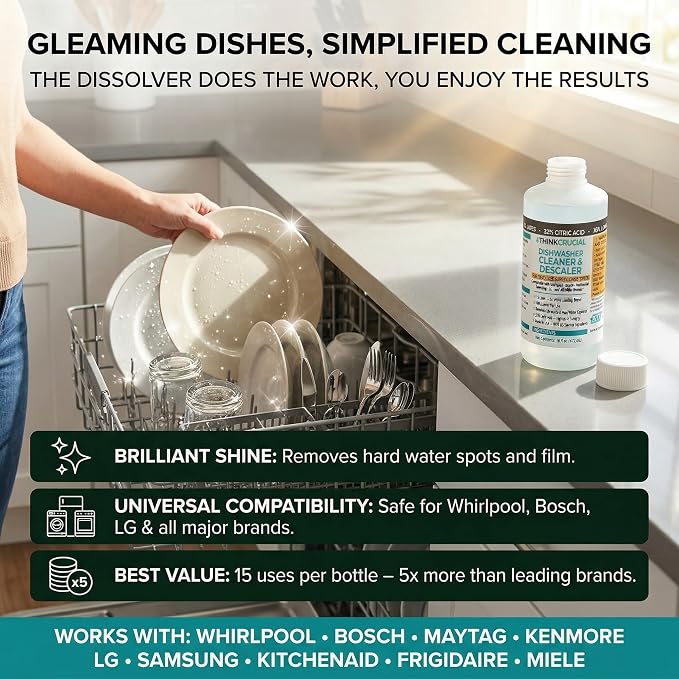 Think Crucial Dishwasher Cleaner & Descaler, 15 Uses, 75% Savings Per Use – 32% Citric Acid Liquid Concentrate – Whirlpool, Bosch, KitchenAid, Samsung, LG – 16 FL OZ