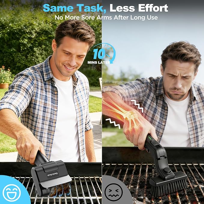 Electric Grill Brush with Dual Safety Lock. Ideal Gift for Men Dad Husband | Professional BBQ Cleaner with Submersible 304 SS Head, Splash-Proof Scrubber for Outdoor Grill (Blue Button)