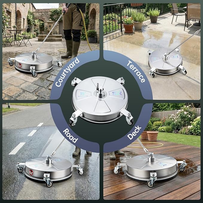 TOR 15" Pressure Washer Surface Cleaner with 4 Wheels, Surface Cleaner for Pressure Washer, 2 Extension Wands, 2 Replacement Nozzles, Power Washer Surface Cleaner for Concrete, Driveway