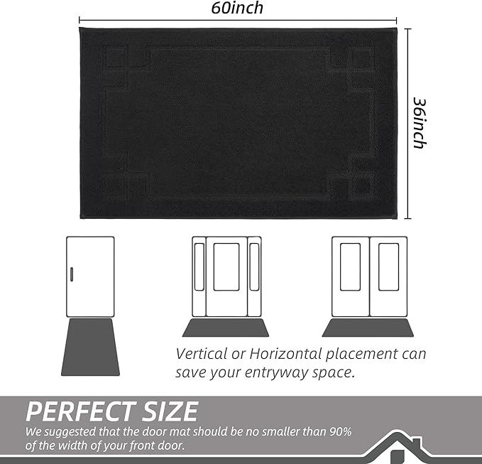 BEQHAUSE Door Mat 36" x 60", Non-Slip Door Mats Indoor Entryway Rugs Washable Low-Profile Absorbent and Stain Resist Floor Mats, Dog Door Mat for Front Back Door, Muddy Wet Shoes & Paws, Black