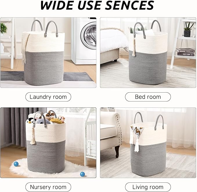 Woven Laundry Basket for Clothes, 65L Large Rectangle Laundry Hampers with Beads Tassel, Nursery Storage Basket for Toys, Tall Dirty Clothes Hamper for Bedroom Aesthetic, Laundry Room Organization