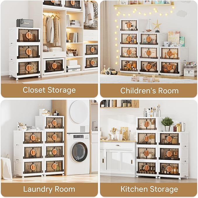 JEKO&JEKO 249Qt Lockable Stackable Storage Bins with Lids, Collapsible Closet Organizer with Wheels, Plastic Cabinet Drawer for Clothes 3 Pack (White)