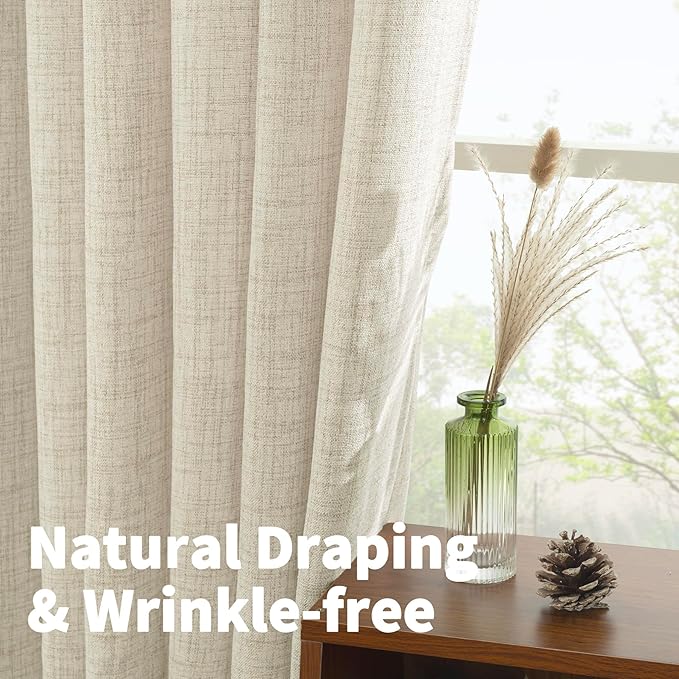 YoungsTex Linen Curtains 95 Inch Length for Living Room 2 Panels, Cream Semi Sheer Window Treatments with Rod Pocket Back Tab Light Filtering for Bedroom Dining Room Office, 52 X 95 Inch