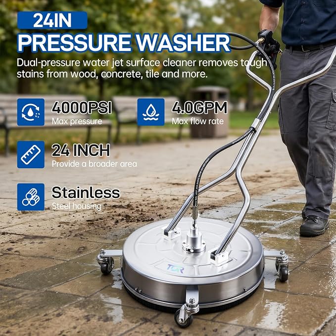 TOR 24" Pressure Washer Surface Cleaner with 4 Wheels, Surface Cleaner for Pressure Washer, Stainless Steel Dual Handle Power Washer Surface Cleaner for Concrete, Driveway, Patio, Sidewalk