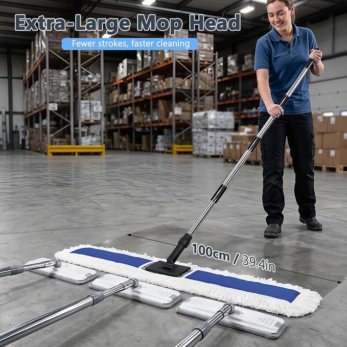 Masthome 39" Commercial Dust Mop with 64" Long Handle, Heavy Duty Wet Dry Floor Mop with 2 Reusable Microfiber Pads, 360° Rotating Industrial Mop for Hardwood Tile Marble Warehouse Gym Office Home