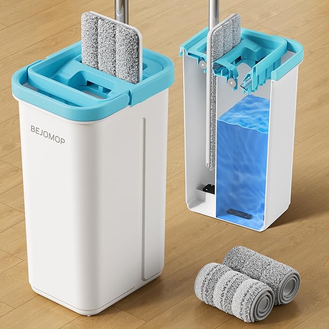 Mop and Bucket Set, Mops for Floor Cleaning Turquoise-Cyan, 60" Long Handle Wall Mop, Squeeze Flat Mop and Bucket System, Dry & Wet Dust Mop for Household Cleaning with 2 Microfiber Mops