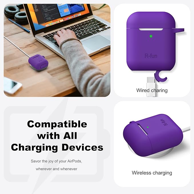 for AirPods 1/2 Case, Soft Silicone Protective Cover with Keychain and Cleaning Pen, Compatible with AirPods 2nd/1st Generation (2016/2019), Full Drop Protection Cover, Purple