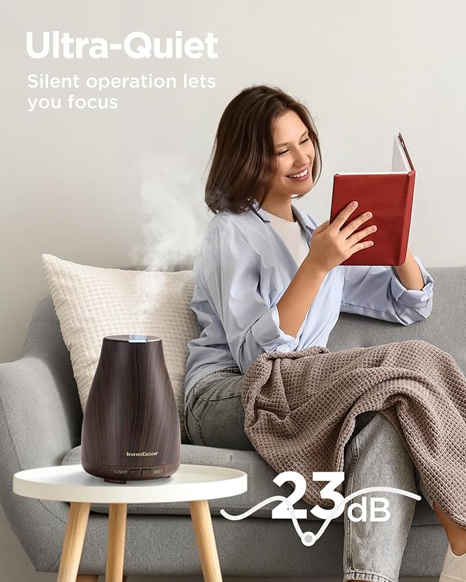 InnoGear Essential Oil Diffuser Ultrasonic Diffusers for Home Scent, Brown | Cool Mist Humidifier, Aromatherapy, Large Room, Run up to 8hrs, Waterless Auto Off, 7 Lights, Living Room, Quiet Operation