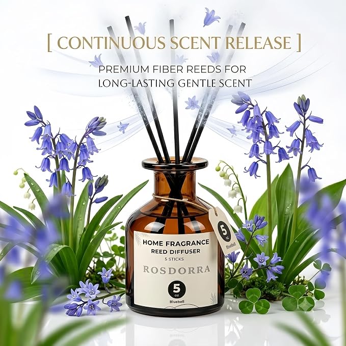 Reed Diffuser for Bathroom 5oz, Bluebell Floral Scent | Long Lasting Reed Diffuser Set, Home Fragrance with Fiber Sticks, Aesthetic Decor Housewarming Gift for Bedroom Office